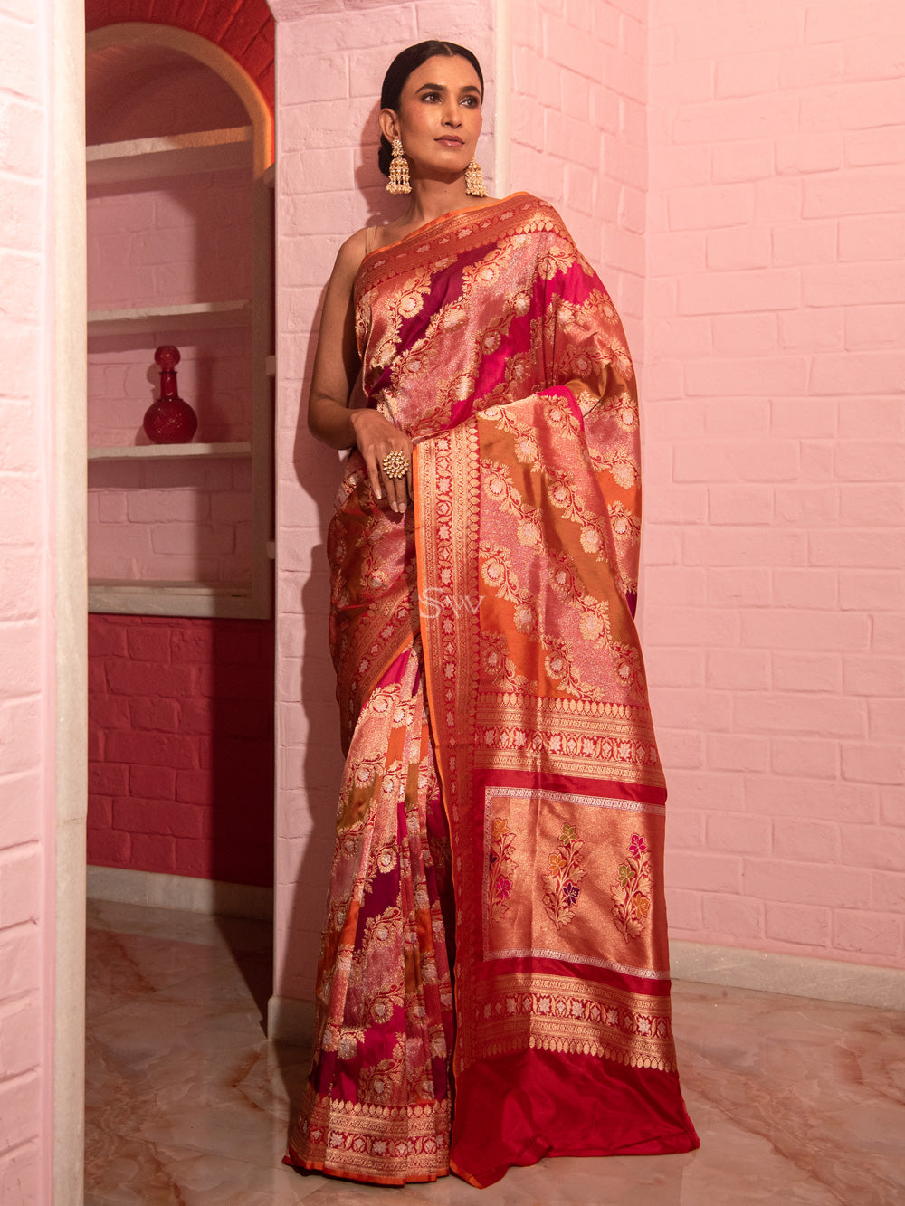 Magenta Pink Orange Jaal Katan Silk Handloom Banarasi Saree - Sacred Weaves