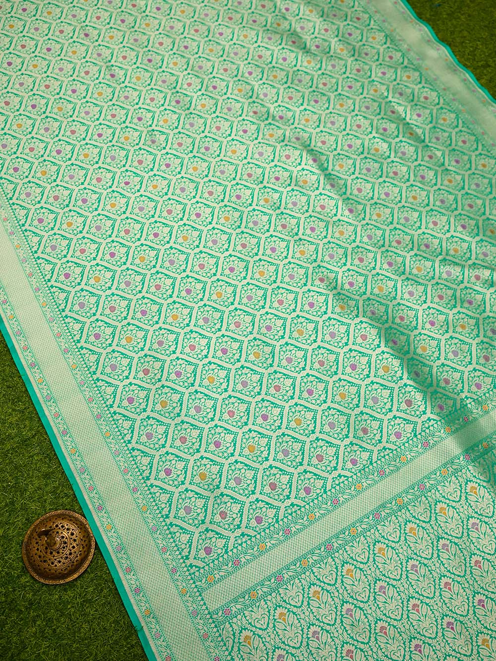 Aqua Green Meenakari Brocade Handloom Banarasi Saree - Sacred Weaves