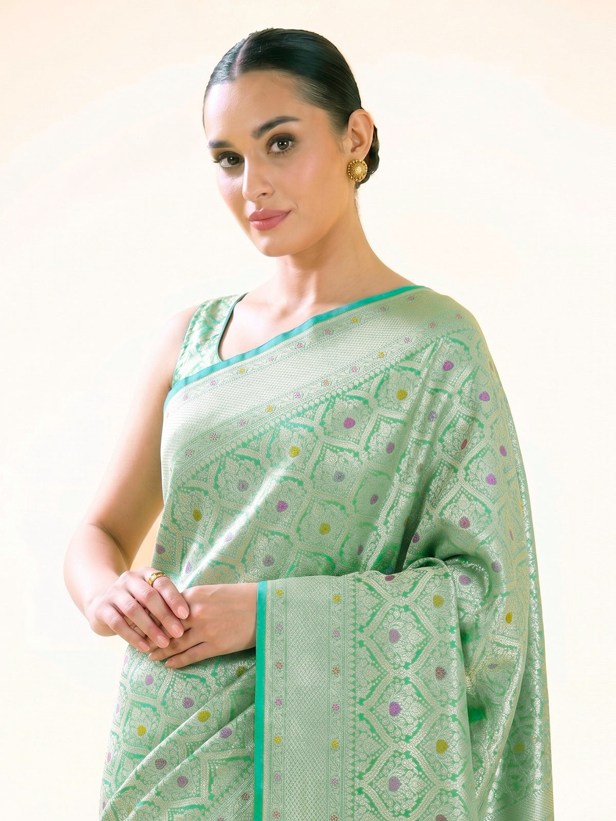 Aqua Green Meenakari Brocade Handloom Banarasi Saree - Sacred Weaves