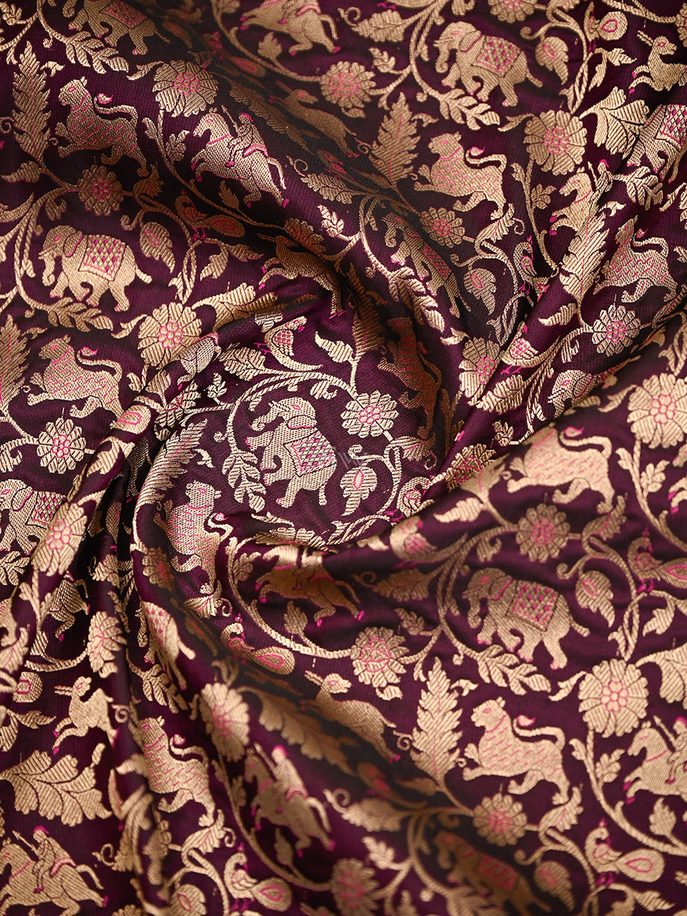 Dark Wine Shikargah Katan Silk Handloom Banarasi Saree - Sacred Weaves