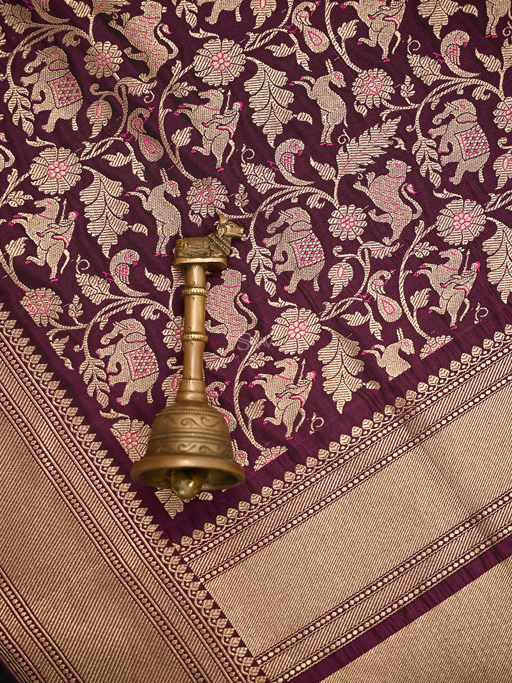Dark Wine Shikargah Katan Silk Handloom Banarasi Saree - Sacred Weaves