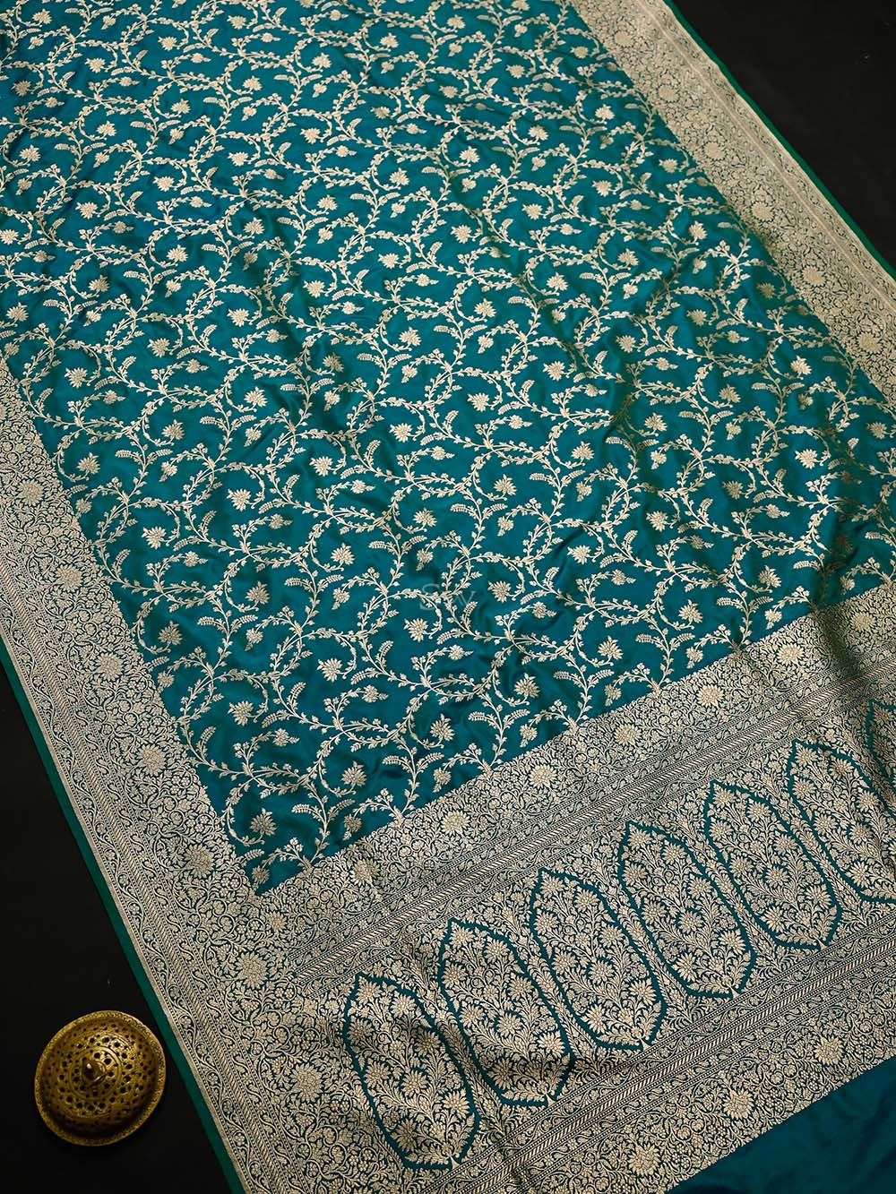 Green Blue Jaal Katan Silk Uppada Handloom Banarasi Saree - Sacred Weaves