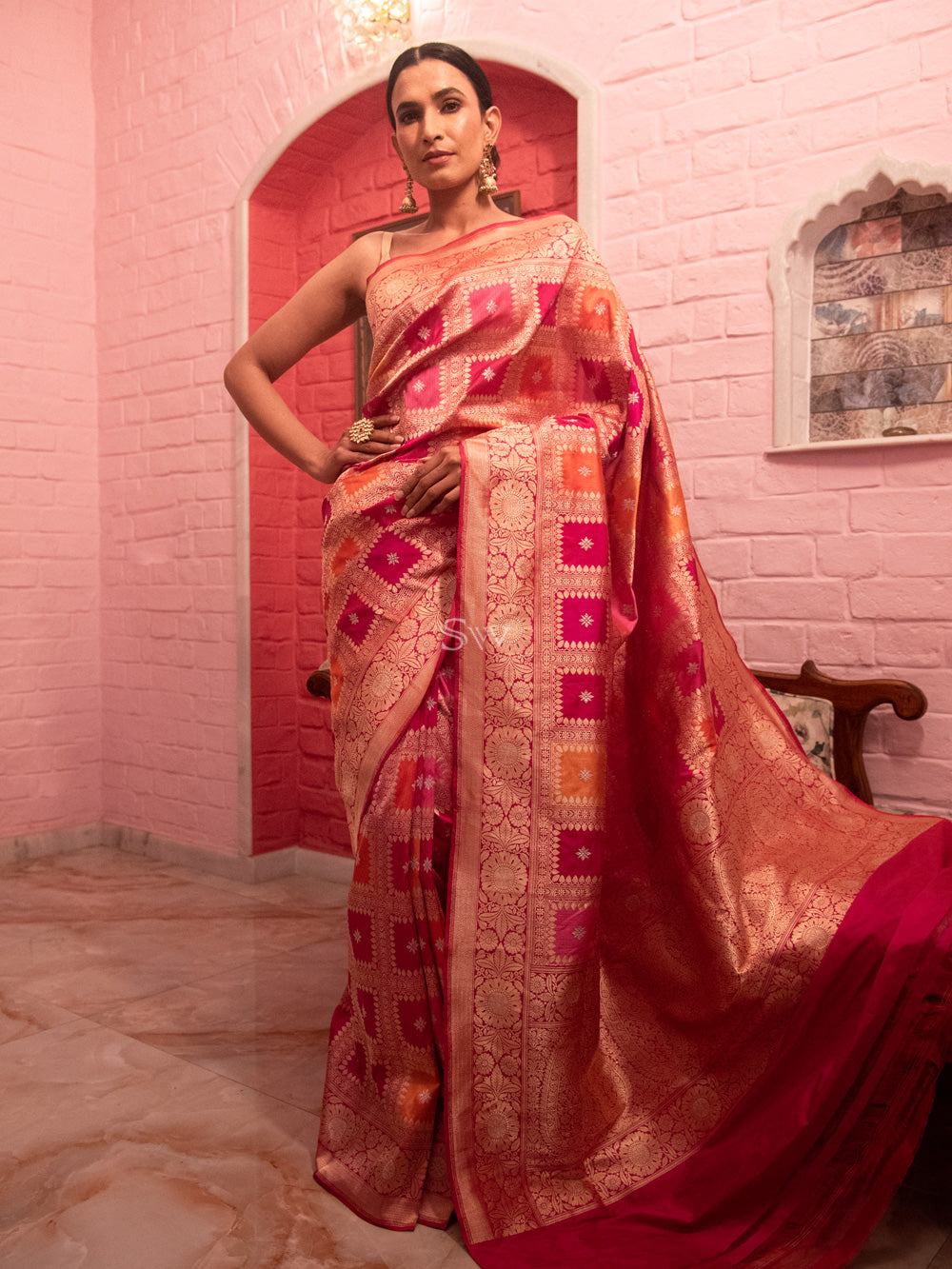 Pink Orange Jaal Katan Silk Handloom Banarasi Saree - Sacred Weaves