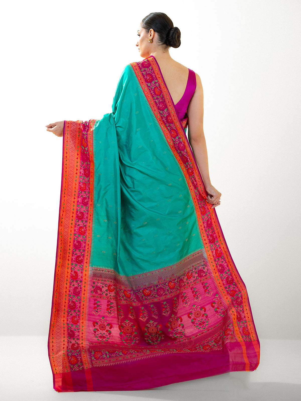 Teal Green Booti Katan Silk Handloom Banarasi Saree - Sacred Weaves