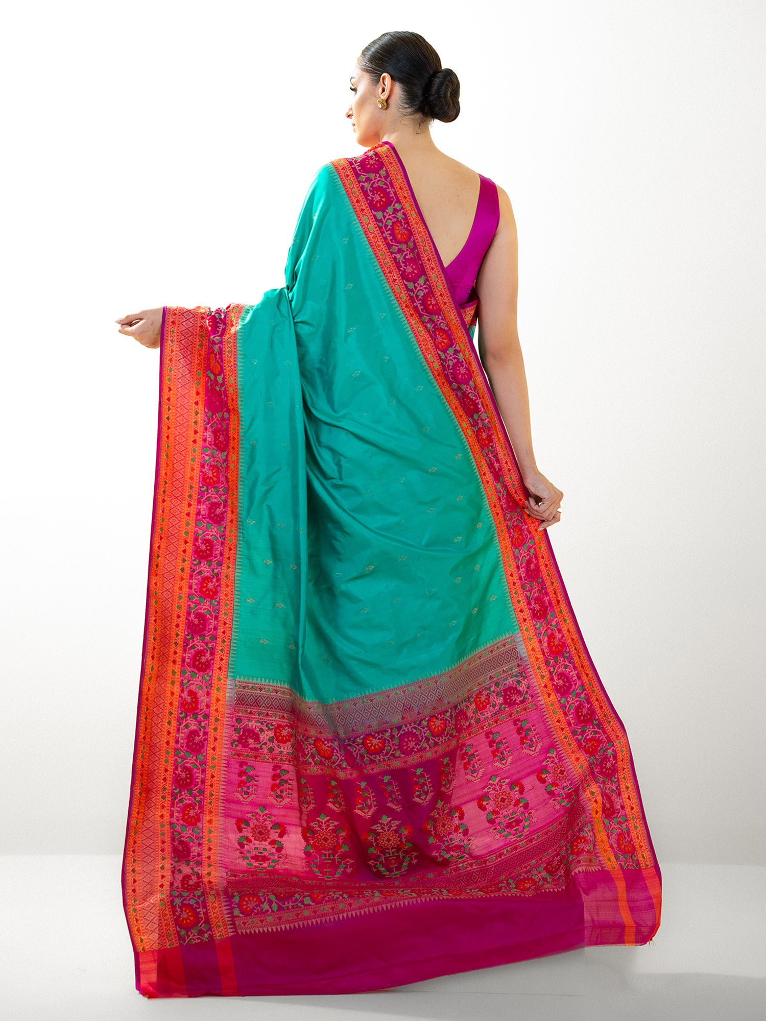 Teal Green Booti Katan Silk Handloom Banarasi Saree - Sacred Weaves