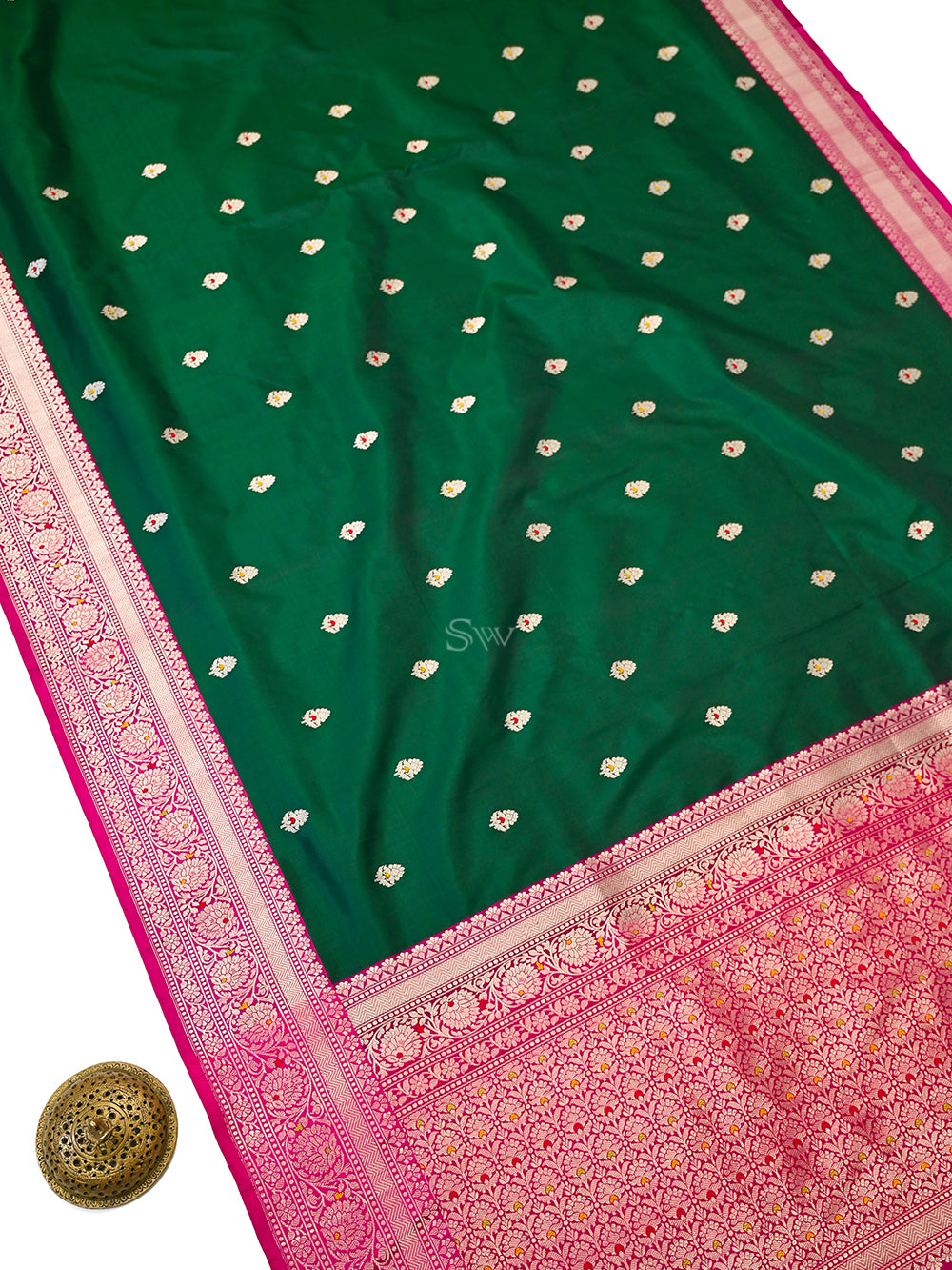 Bottle Green Meenakari Booti Katan Silk Handloom Banarasi Saree - Sacred Weaves