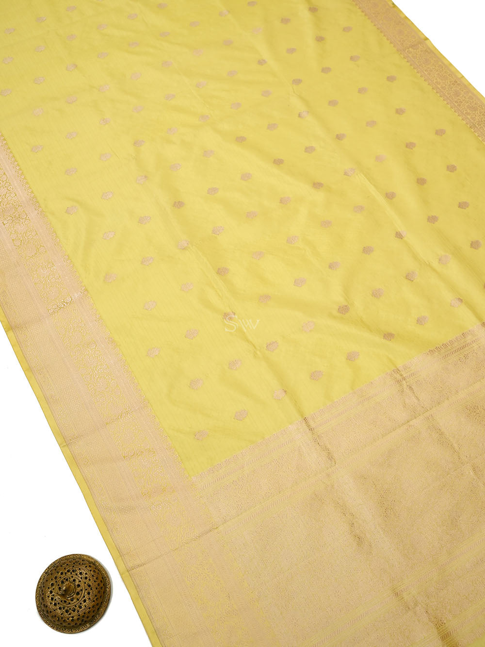 Light Yellow Booti Katan Silk Handloom Banarasi Saree - Sacred Weaves