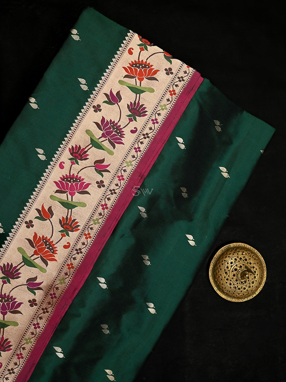 Bottle Green Paithani Katan Silk Handloom Banarasi Saree - Sacred Weaves