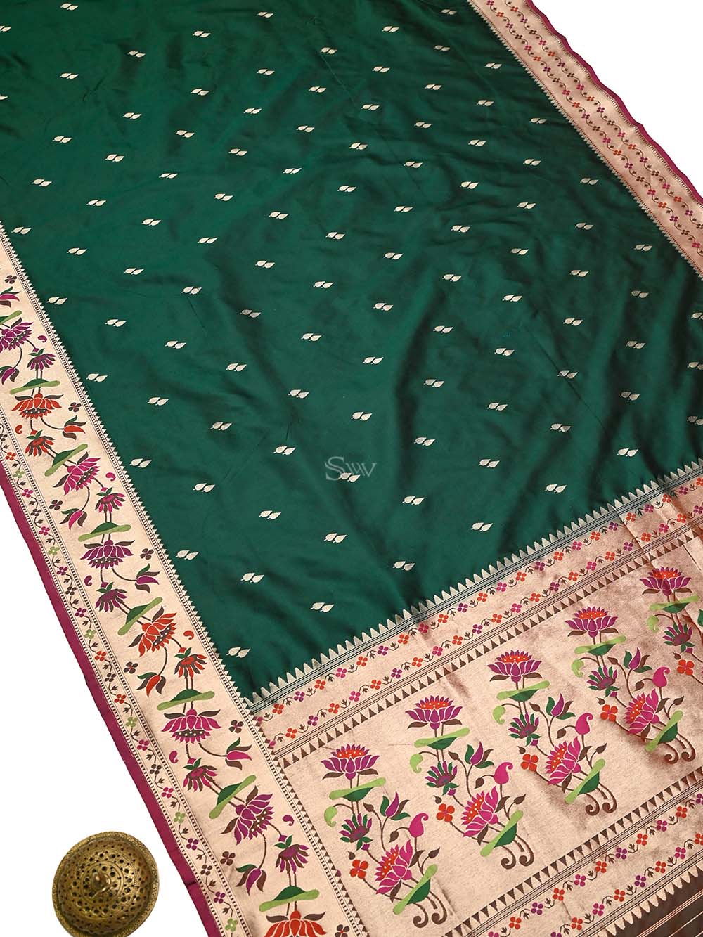 Bottle Green Paithani Katan Silk Handloom Banarasi Saree - Sacred Weaves