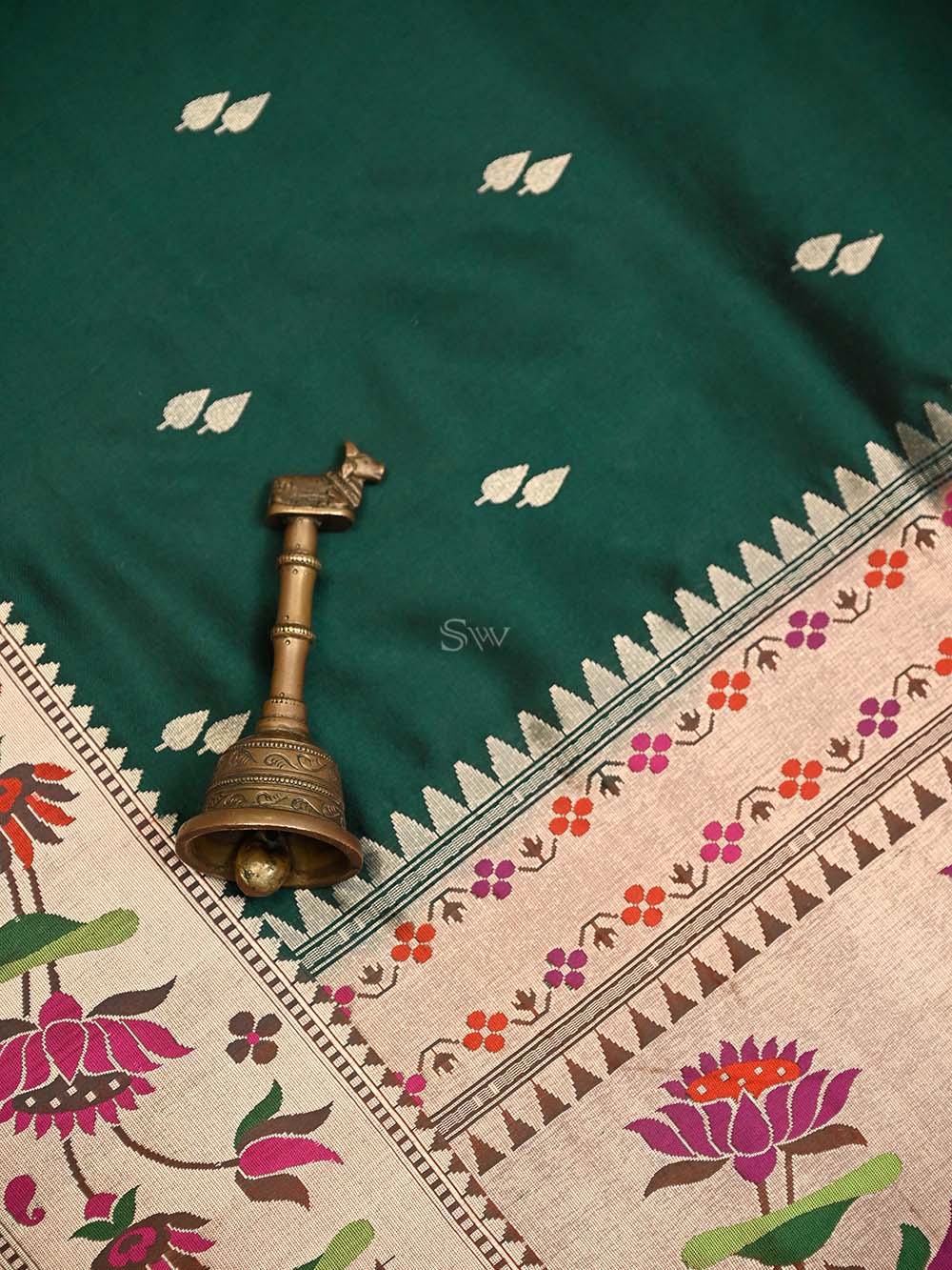 Bottle Green Paithani Katan Silk Handloom Banarasi Saree - Sacred Weaves