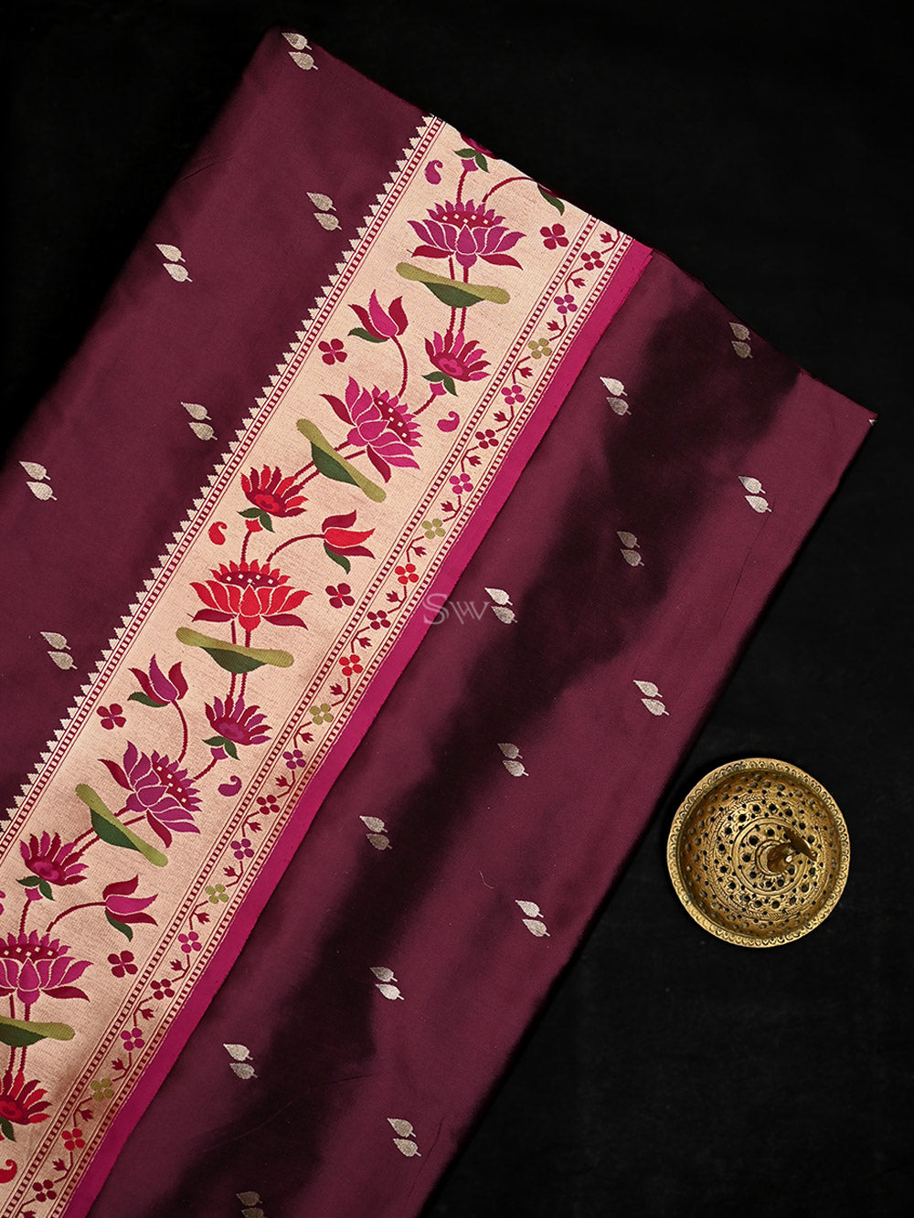 Wine Paithani Katan Silk Handloom Banarasi Saree - Sacred Weaves