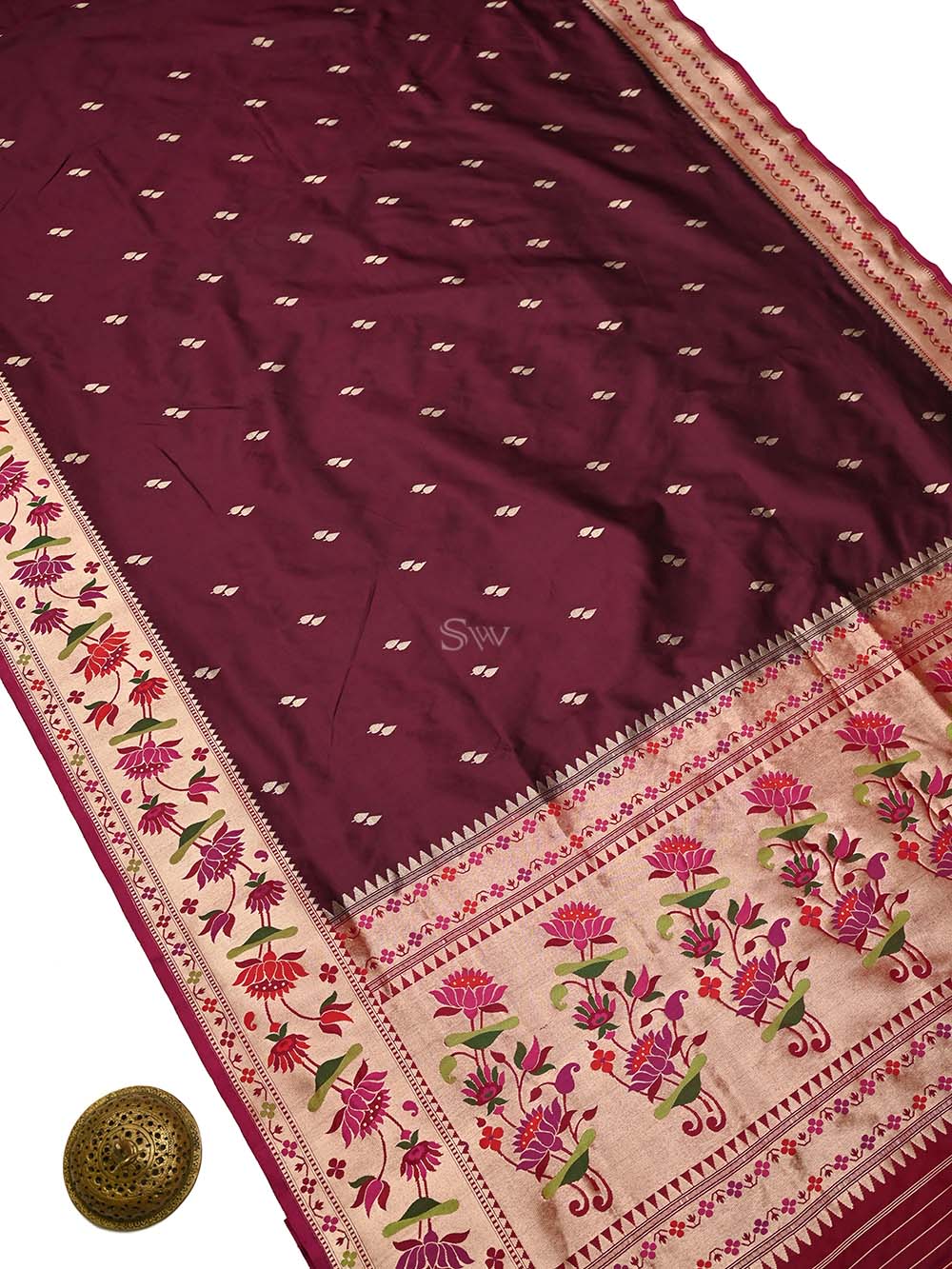 Wine Paithani Katan Silk Handloom Banarasi Saree - Sacred Weaves