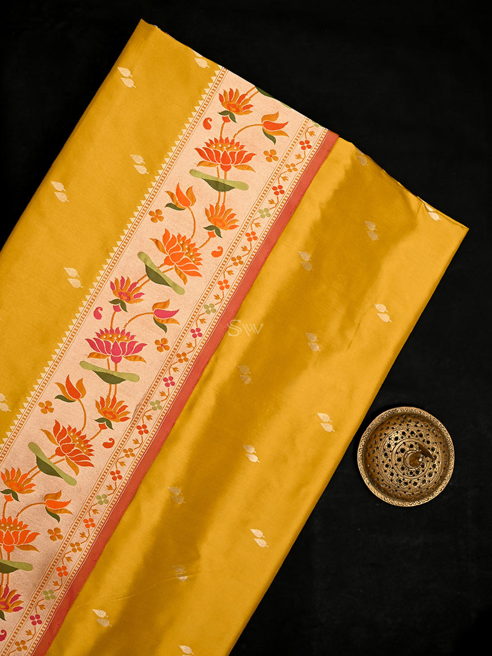Mustard Paithani Katan Silk Handloom Banarasi Saree - Sacred Weaves