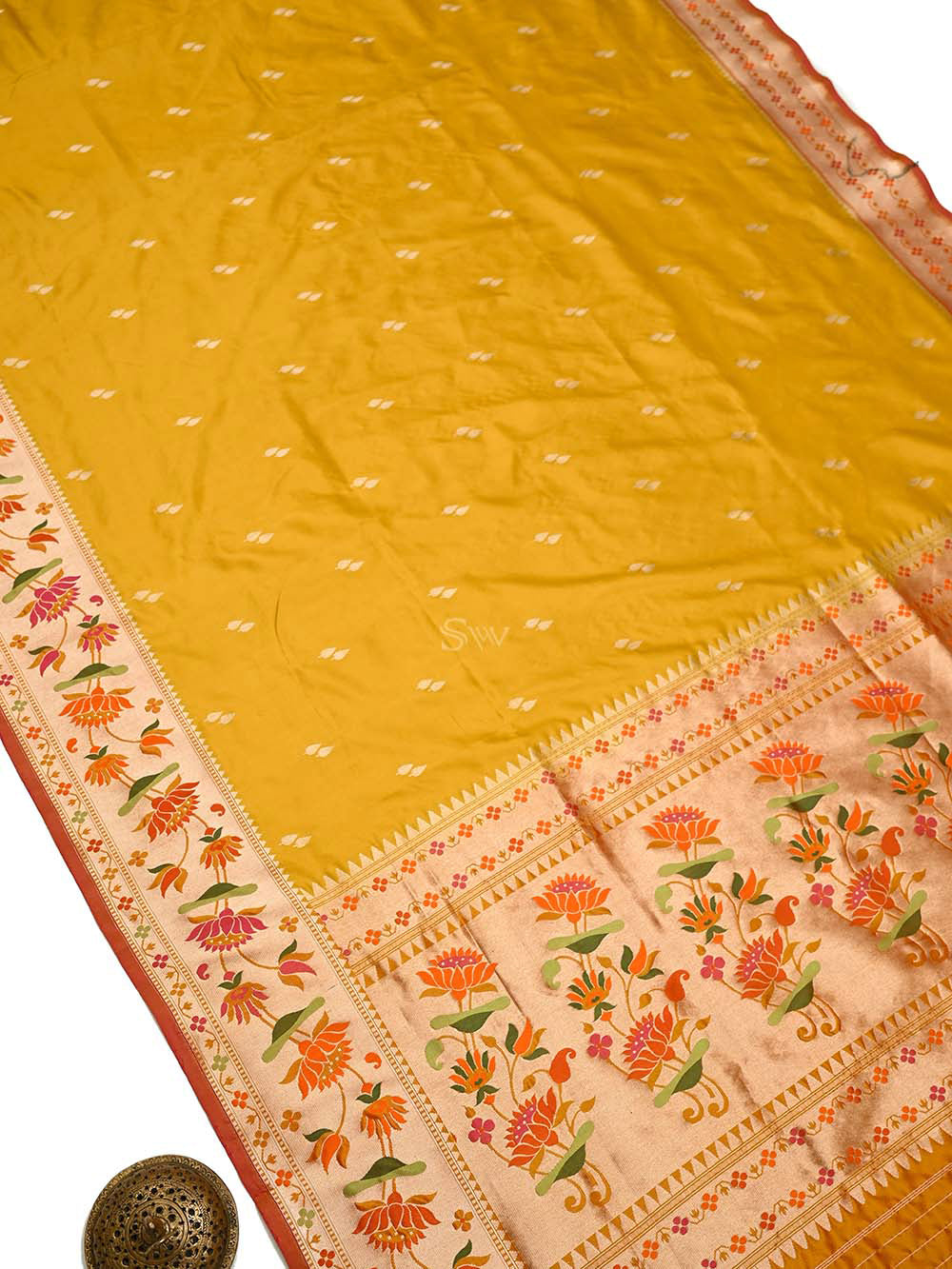 Mustard Paithani Katan Silk Handloom Banarasi Saree - Sacred Weaves