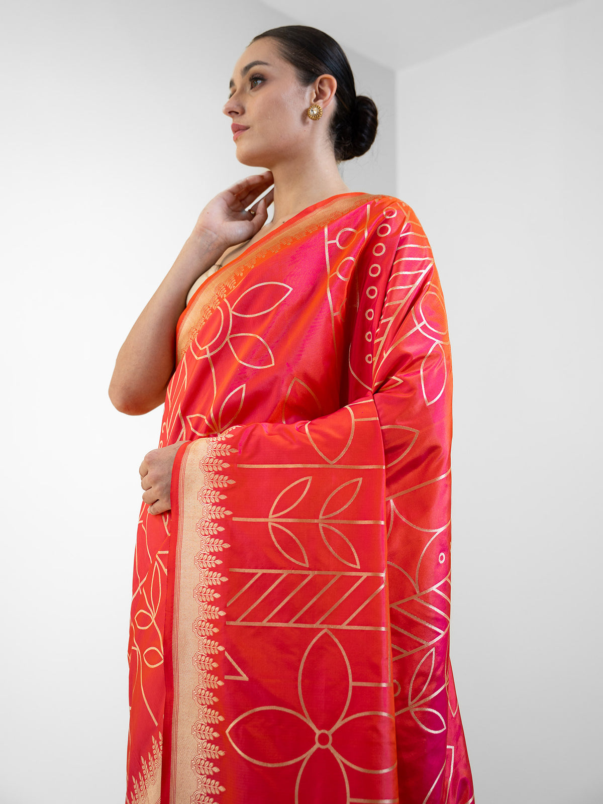 Orange Pink Jaal Katan Silk Handloom Banarasi Saree - Sacred Weaves