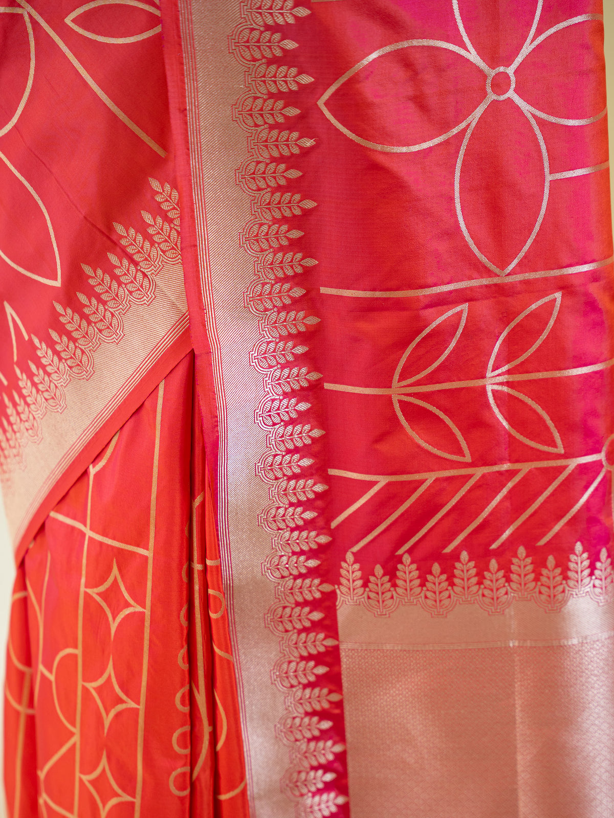 Orange Pink Jaal Katan Silk Handloom Banarasi Saree