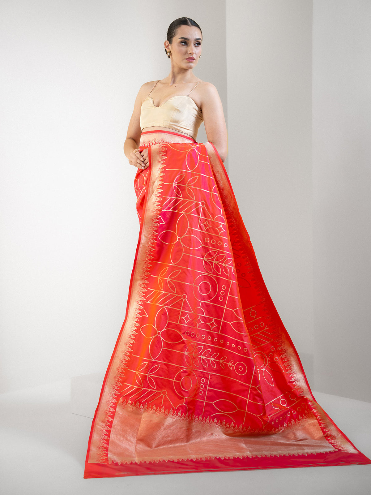 Orange Pink Jaal Katan Silk Handloom Banarasi Saree - Sacred Weaves