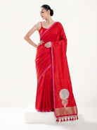 Red Plain Satin Silk Handloom Banarasi Saree - Sacred Weaves