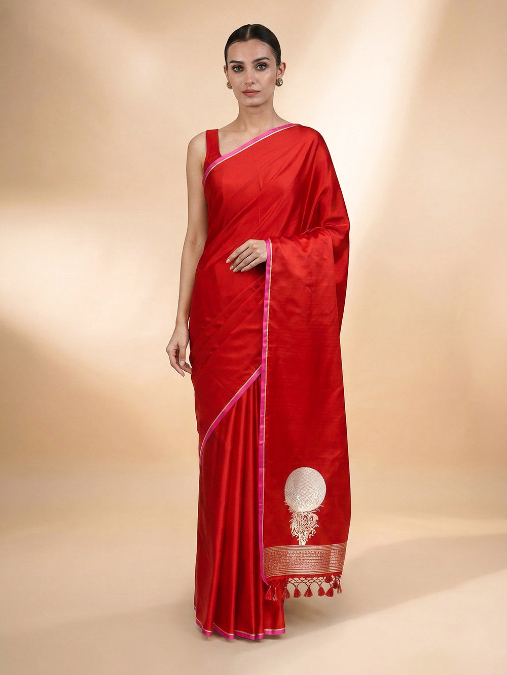 Red Plain Satin Silk Handloom Banarasi Saree - Sacred Weaves