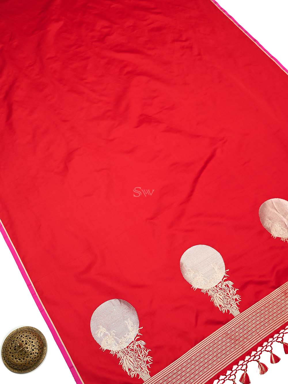 Red Plain Satin Silk Handloom Banarasi Saree - Sacred Weaves