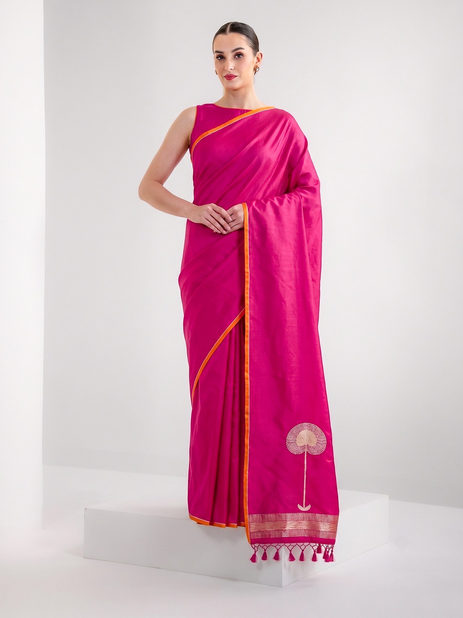 Dark Pink Plain Satin Silk Handloom Banarasi Saree - Sacred Weaves