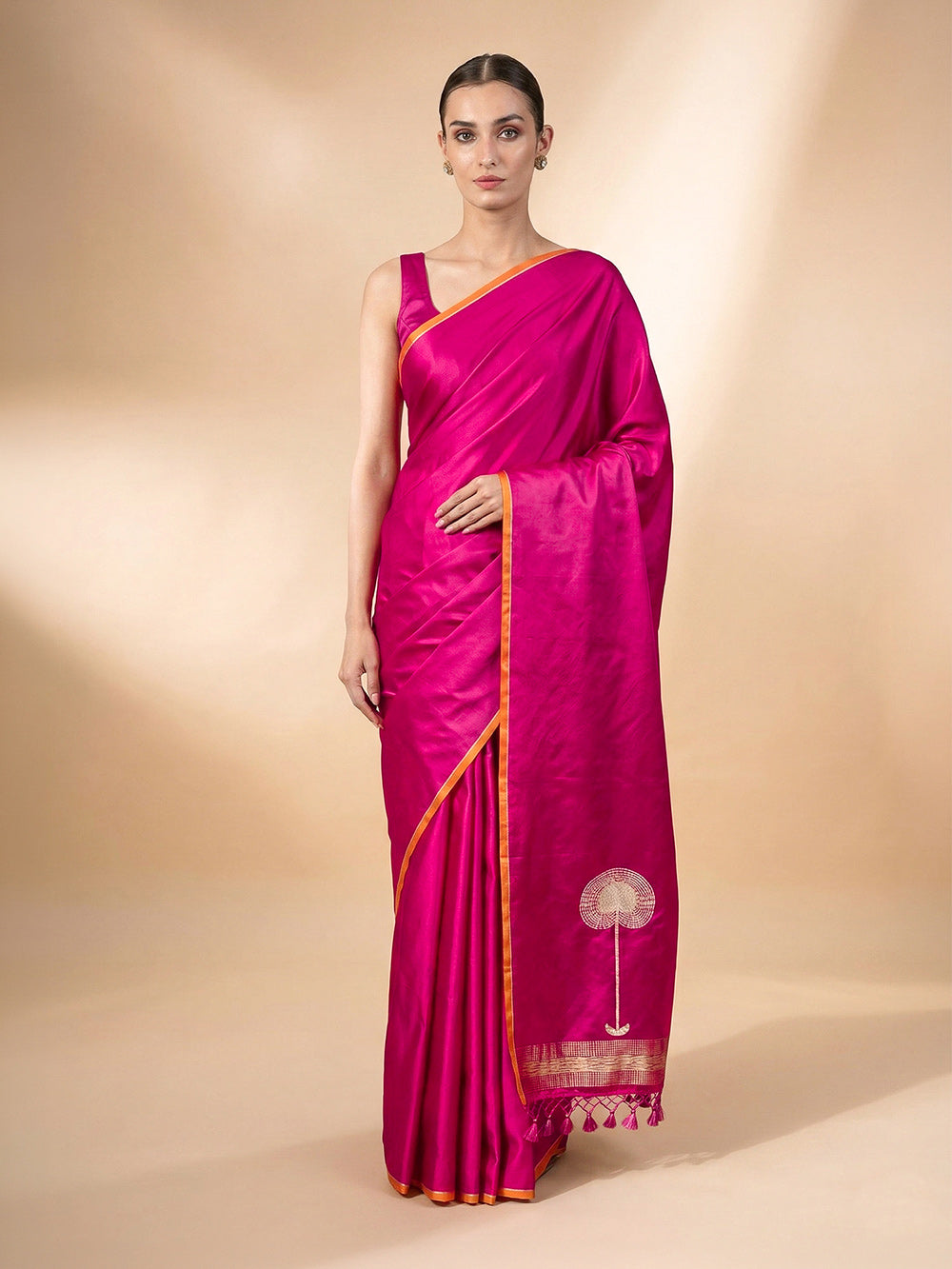 Dark Pink Plain Satin Silk Handloom Banarasi Saree - Sacred Weaves