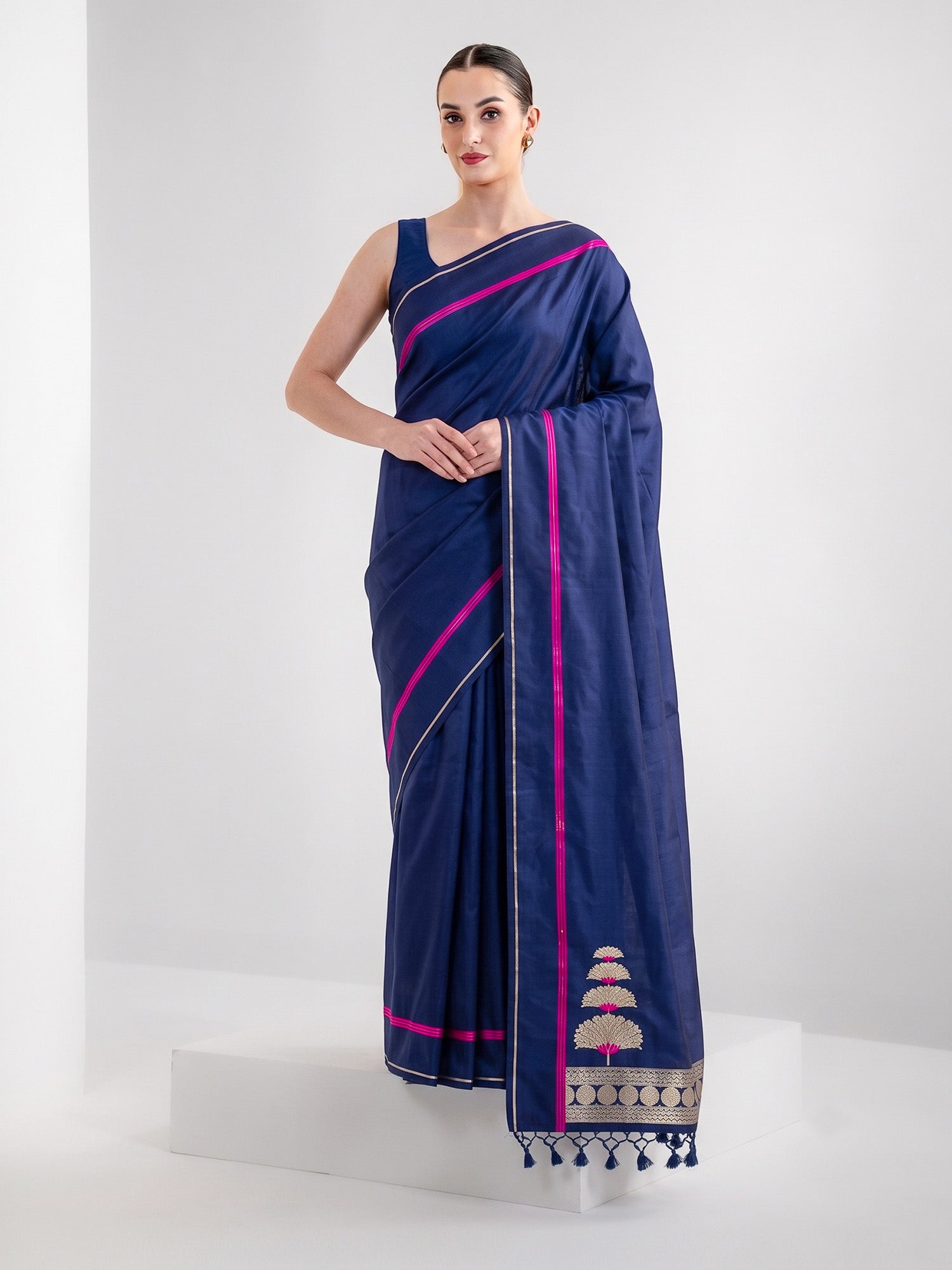 Blue Plain Satin Silk Handloom Banarasi Saree - Sacred Weaves