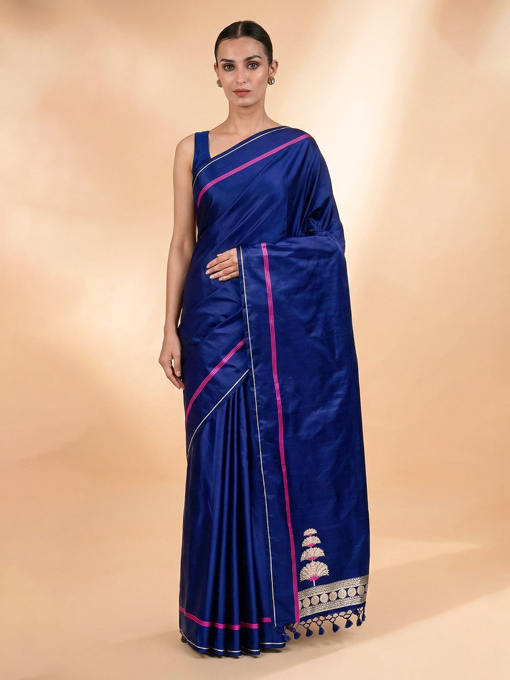 Blue Plain Satin Silk Handloom Banarasi Saree - Sacred Weaves