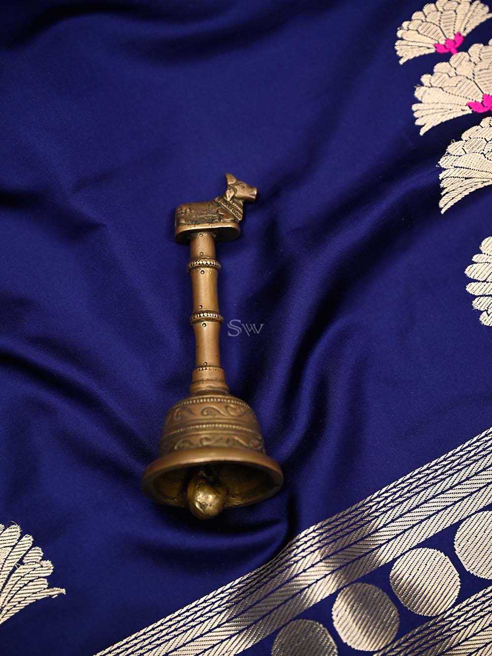 Blue Plain Satin Silk Handloom Banarasi Saree - Sacred Weaves