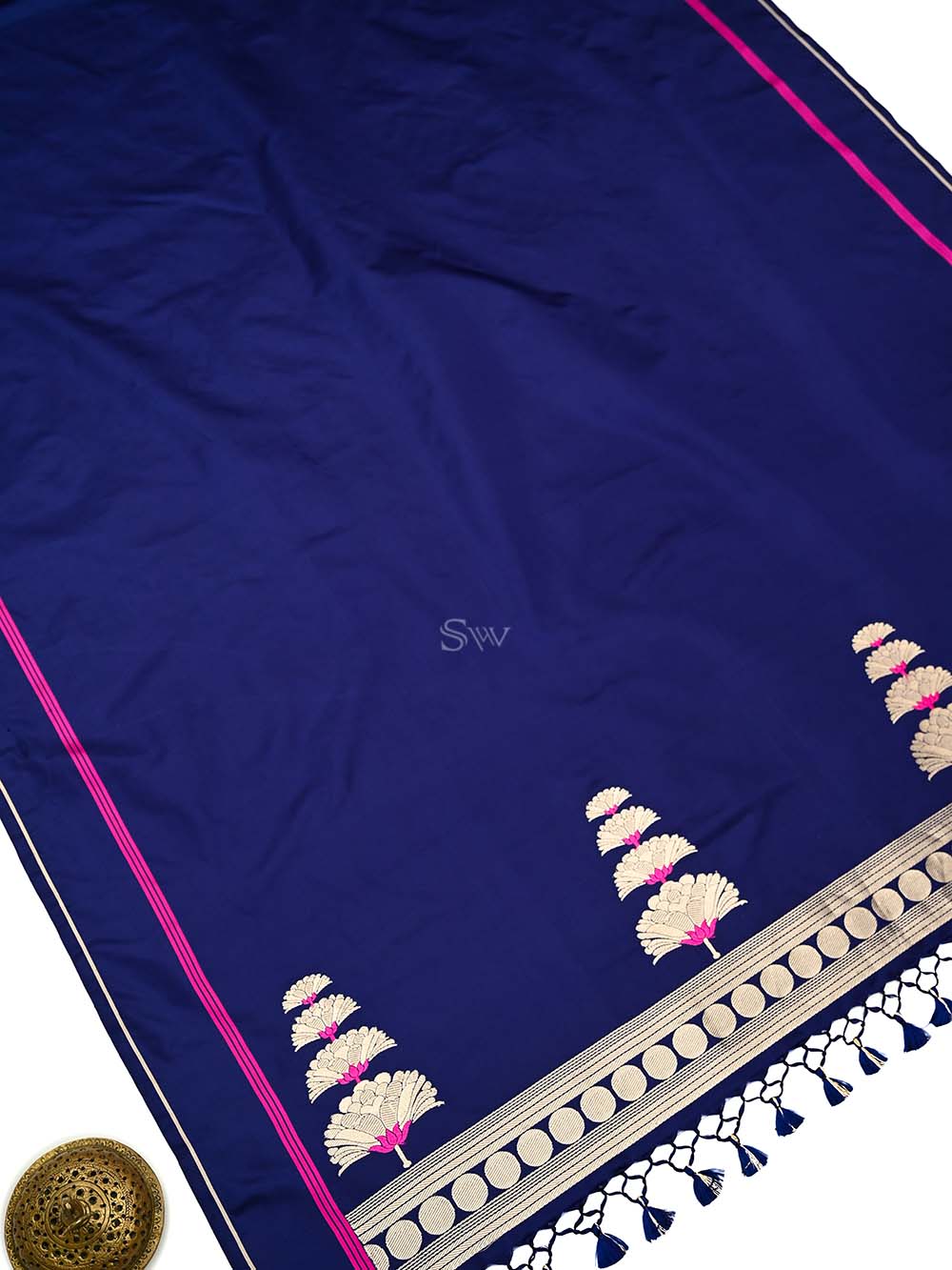 Blue Plain Satin Silk Handloom Banarasi Saree - Sacred Weaves