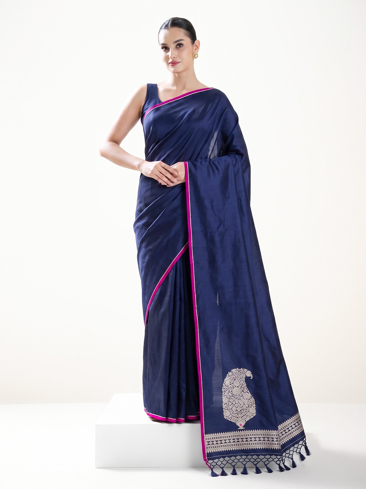 Blue Plain Satin Silk Handloom Banarasi Saree - Sacred Weaves