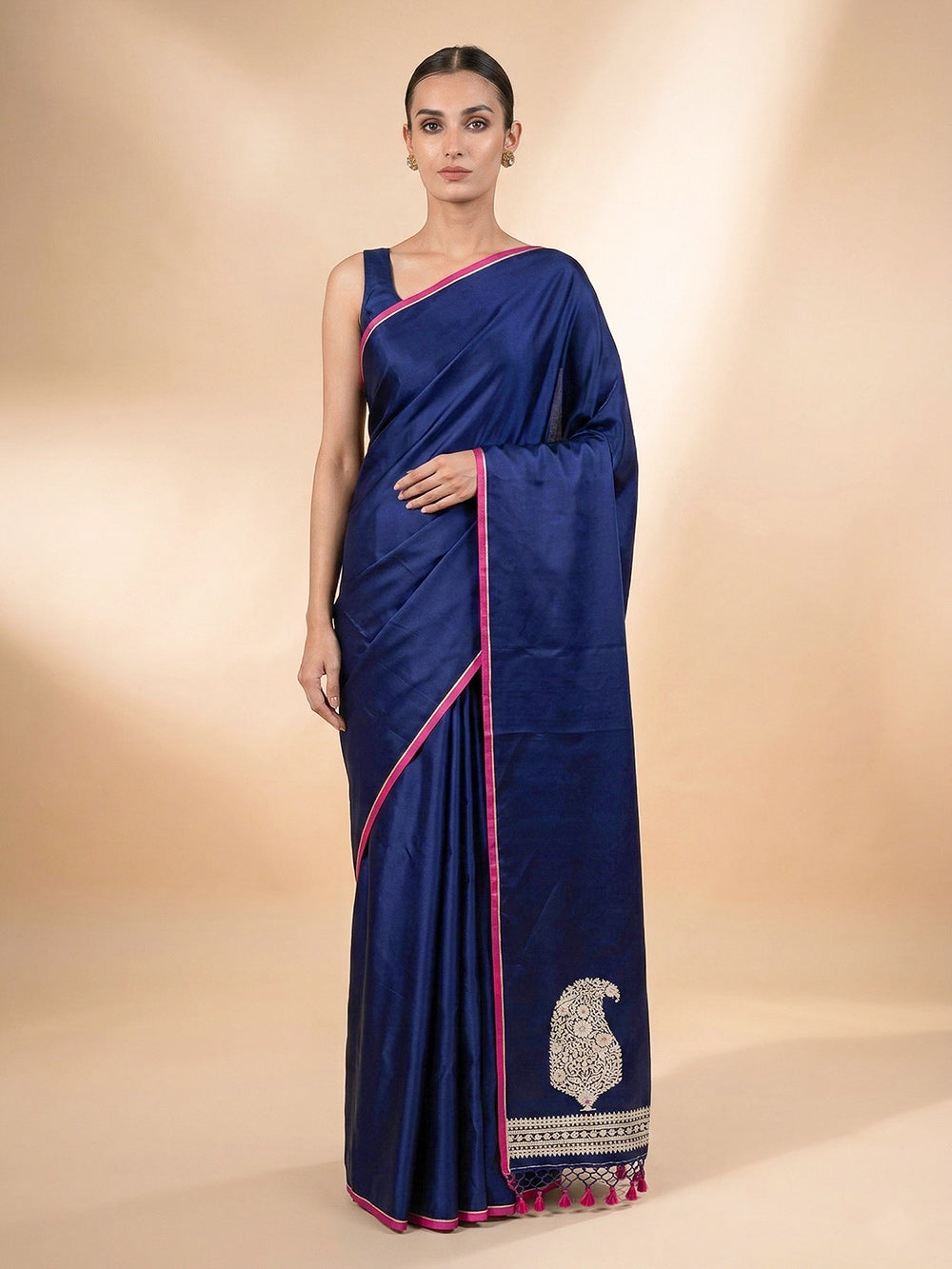 Blue Plain Satin Silk Handloom Banarasi Saree - Sacred Weaves