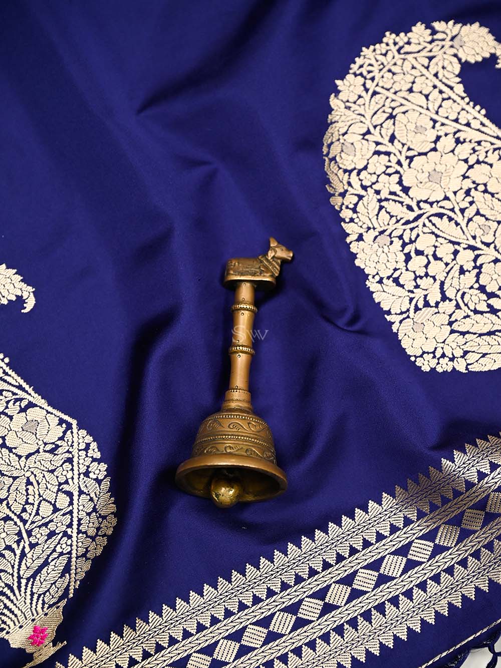 Blue Plain Satin Silk Handloom Banarasi Saree - Sacred Weaves