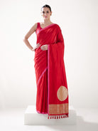 Red Plain Satin Silk Handloom Banarasi Saree - Sacred Weaves