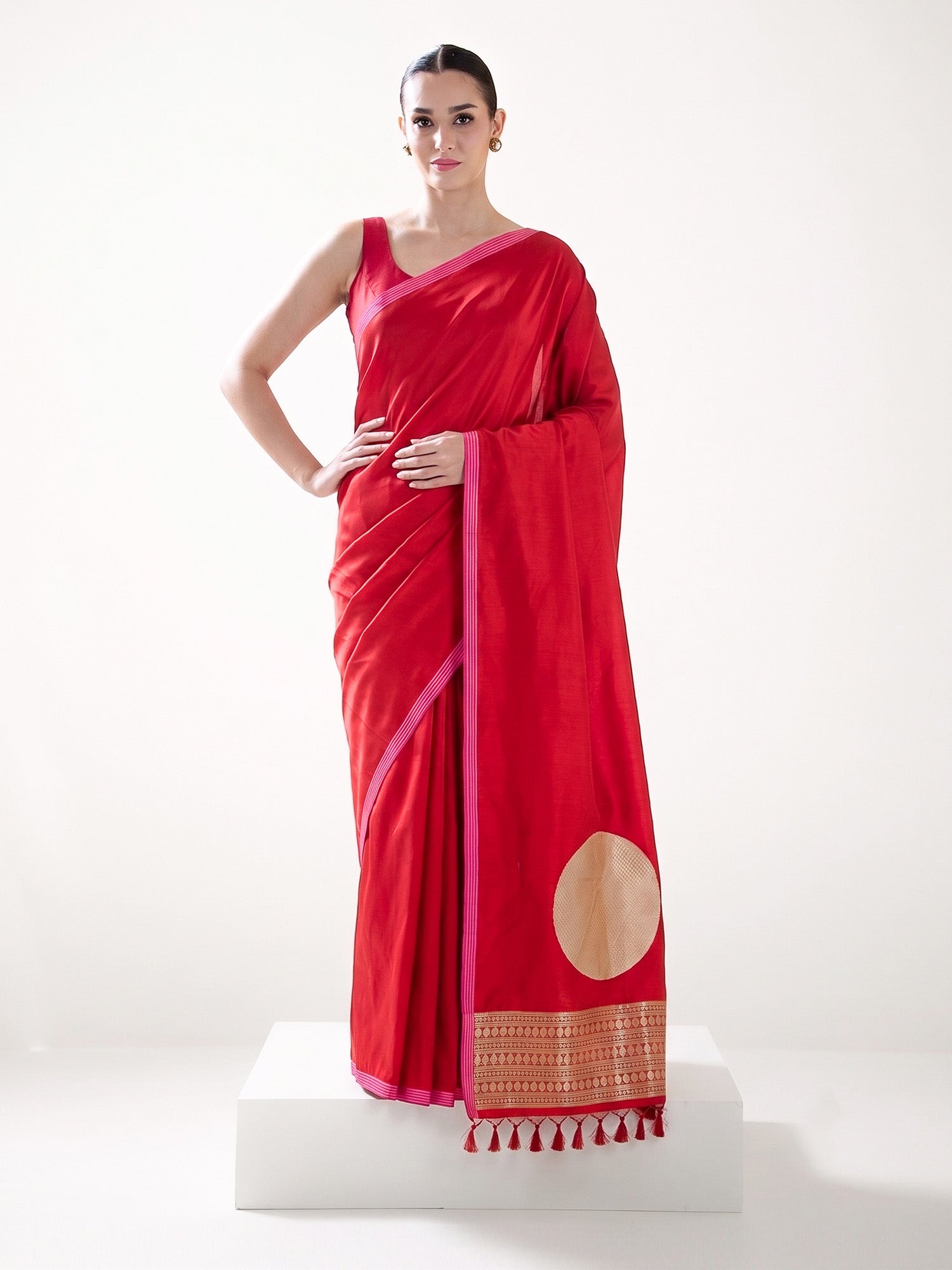 Red Plain Satin Silk Handloom Banarasi Saree - Sacred Weaves