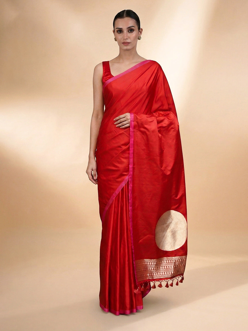 Red Plain Satin Silk Handloom Banarasi Saree - Sacred Weaves