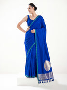 Royal Blue Plain Satin Silk Handloom Banarasi Saree - Sacred Weaves