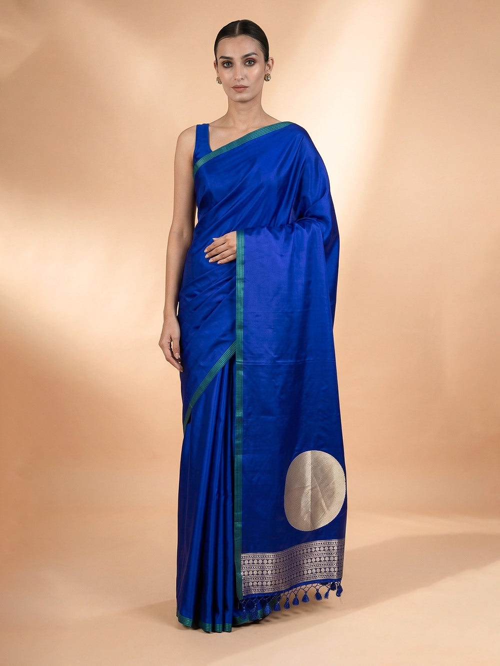 Royal Blue Plain Satin Silk Handloom Banarasi Saree - Sacred Weaves