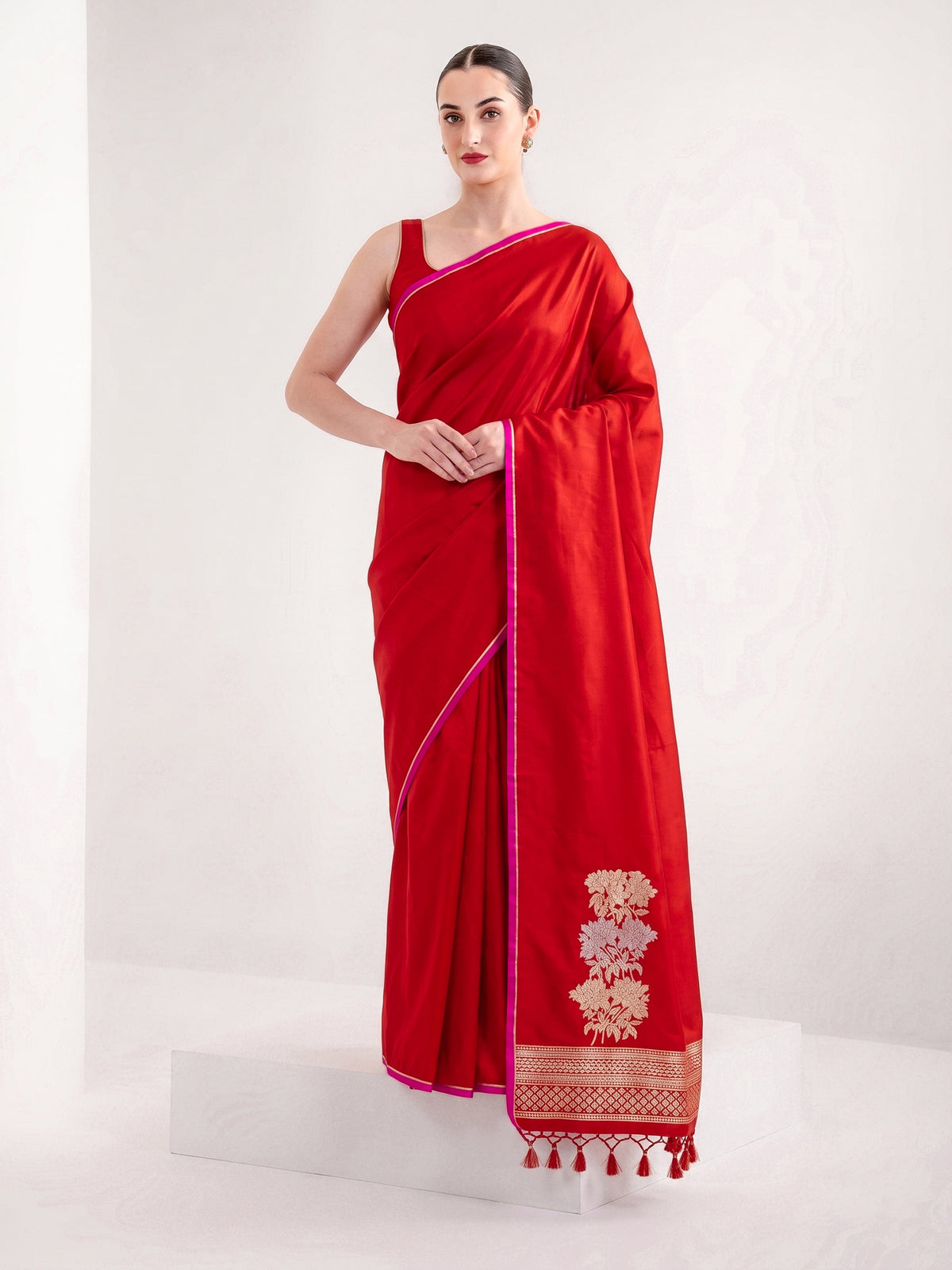 Red Plain Sona Roopa Satin Silk Handloom Banarasi Saree - Sacred Weaves