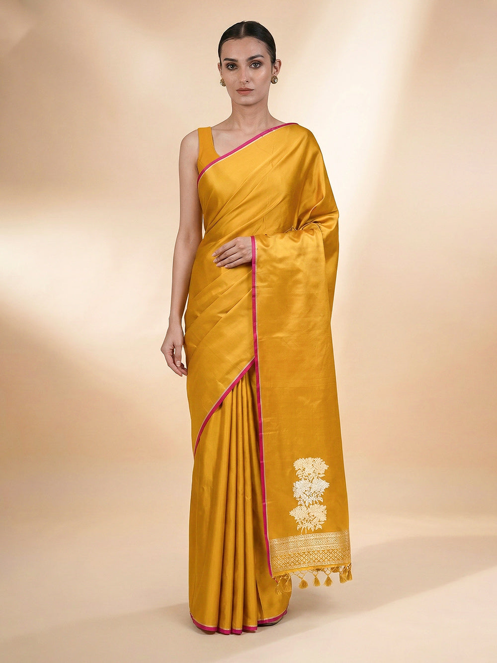 Mustard Plain Satin Silk Handloom Banarasi Saree - Sacred Weaves