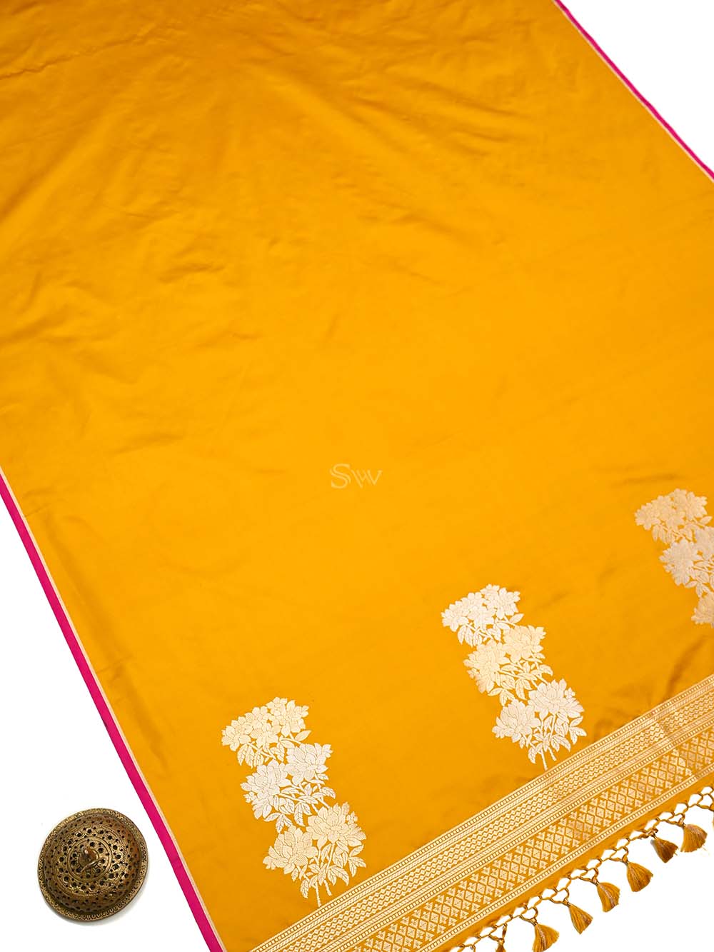 Mustard Plain Satin Silk Handloom Banarasi Saree - Sacred Weaves