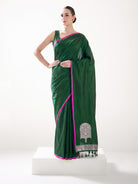 Bottle Green Plain Satin Silk Handloom Banarasi Saree - Sacred Weaves