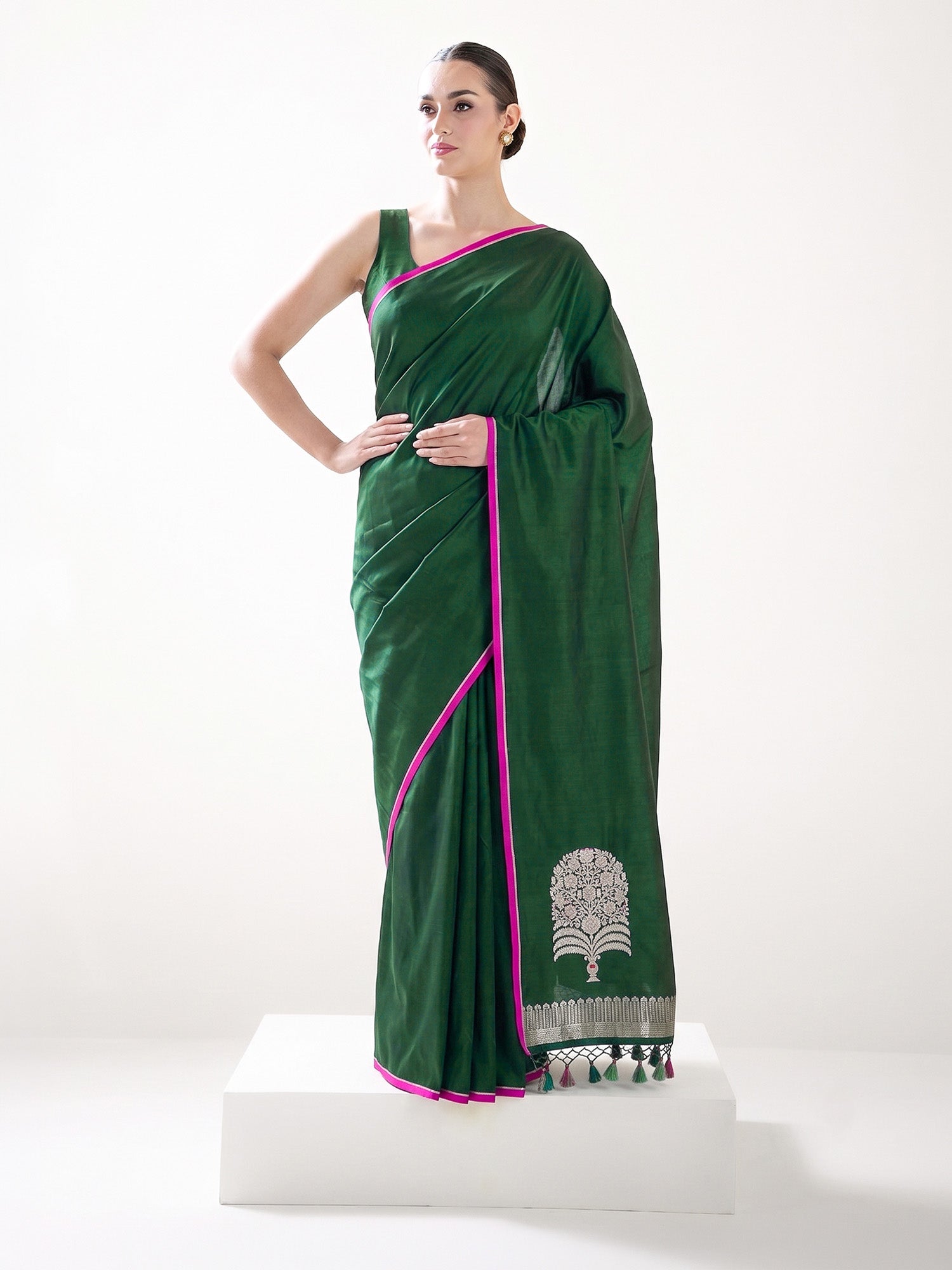 Bottle Green Plain Satin Silk Handloom Banarasi Saree - Sacred Weaves