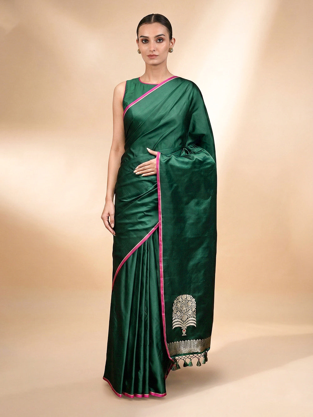 Bottle Green Plain Satin Silk Handloom Banarasi Saree - Sacred Weaves