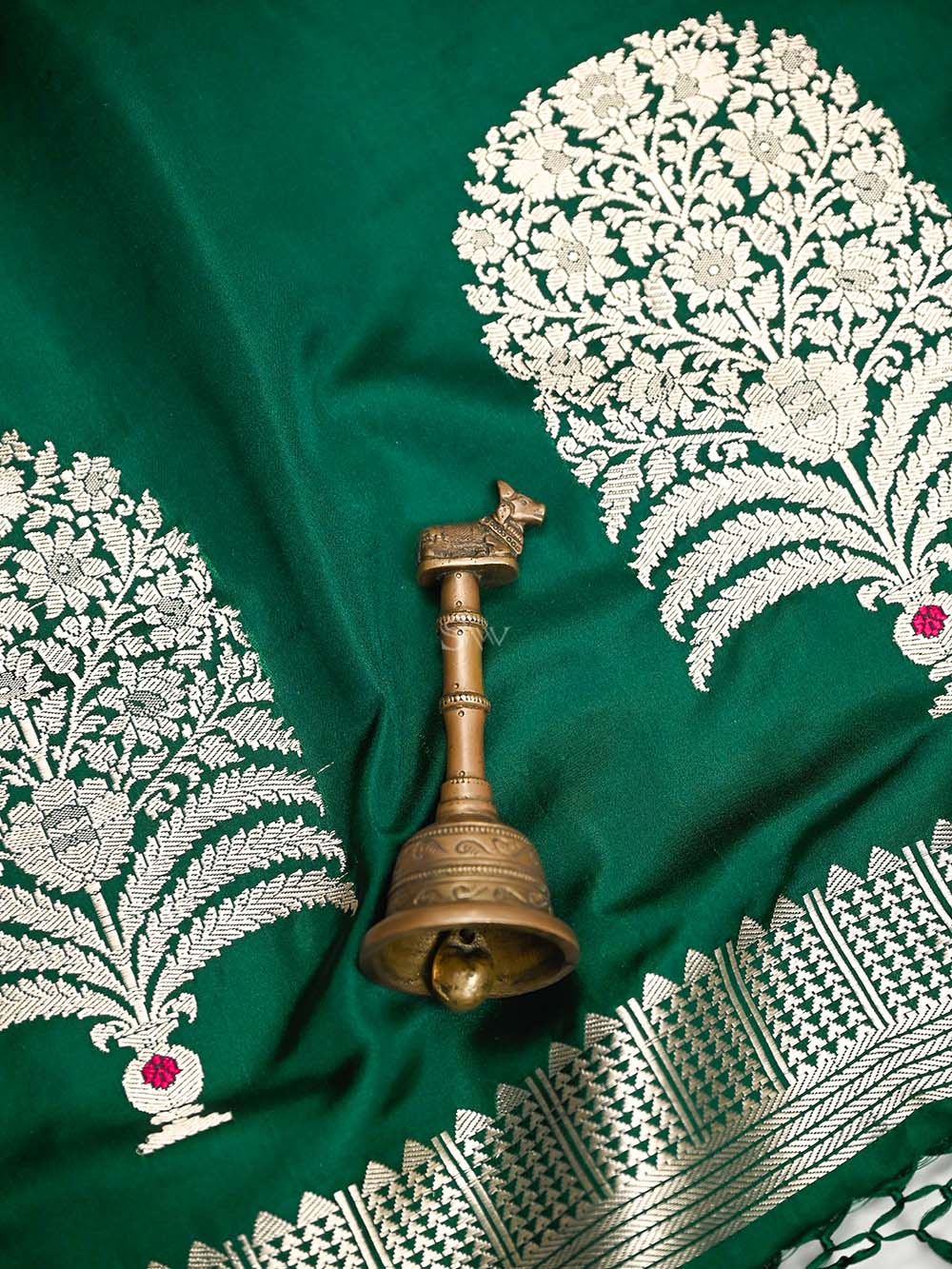 Bottle Green Plain Satin Silk Handloom Banarasi Saree - Sacred Weaves
