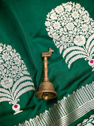 Bottle Green Plain Satin Silk Handloom Banarasi Saree - Sacred Weaves