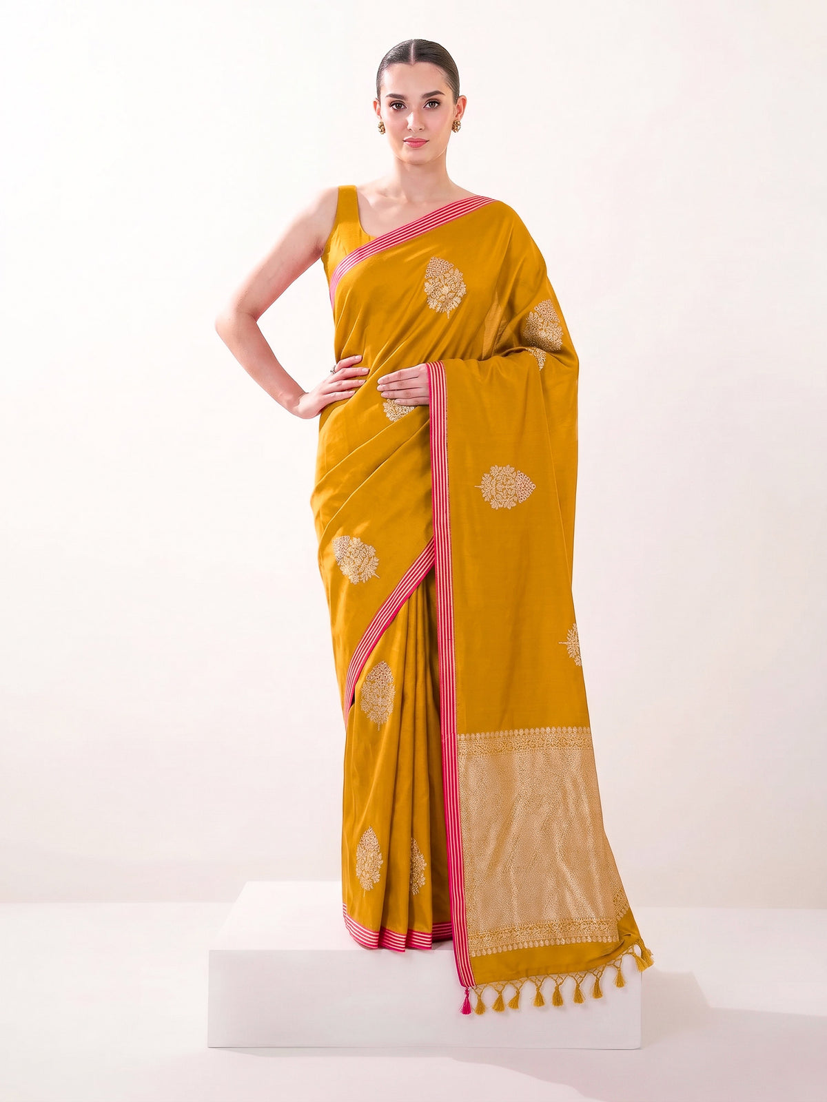 Mustard Meenakari Satin Silk Handloom Banarasi Saree - Sacred Weaves