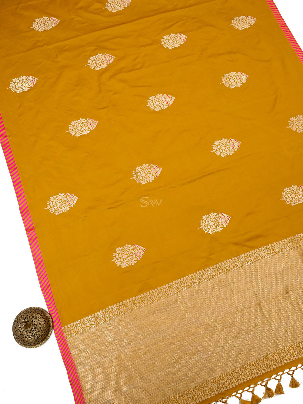 Mustard Meenakari Satin Silk Handloom Banarasi Saree - Sacred Weaves