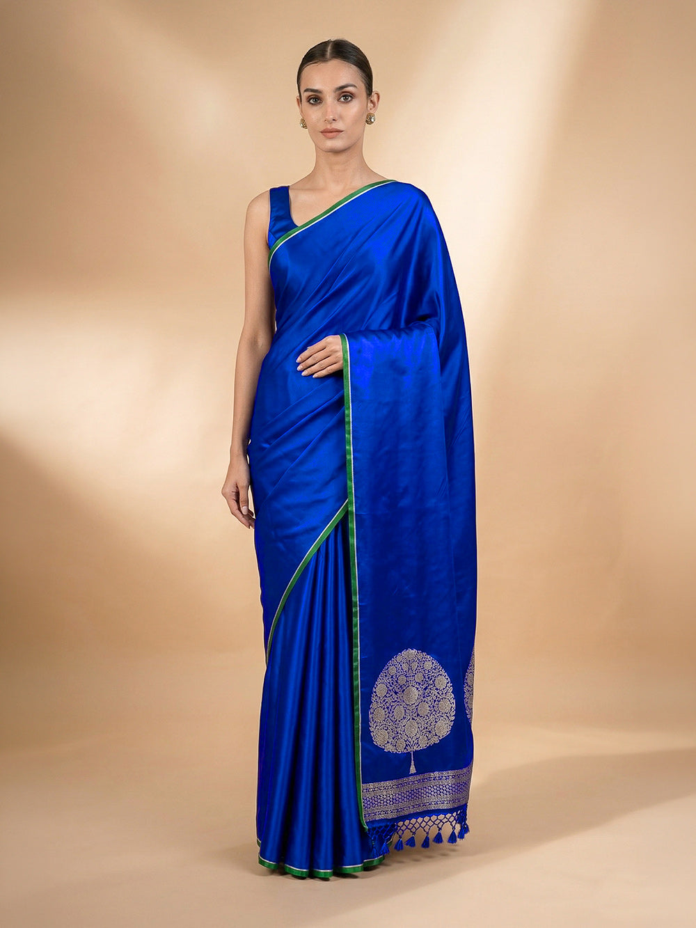 Royal Blue Plain Satin Silk Handloom Banarasi Saree - Sacred Weaves