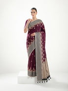 Dark Wine Booti Tussar Silk Handloom Banarasi Saree - Sacred Weaves